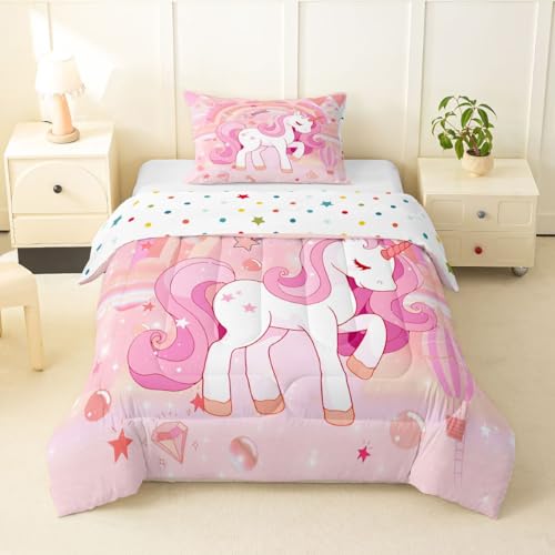 Image of Erosebridal Unicorn Bedding Set for Girls Twin Kawaii Rainbow Unicorn Comforter Set Bedroom Decor for Girls Kids Cartoon Horse Duvet Insert Ombre Stars Quilt Comforter Pink 2 Pcs