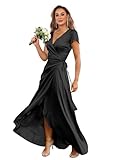 HANVAIOS Short Sleeve Black Bridesmaid Dress with Slit Aline Satin V-Neck Wrap Prom Evening Dress with Slit Size 6