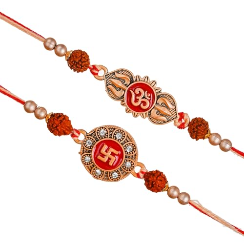 Image of eCraftIndia Unisex Adult Set Of 2 Peacock Feather And Floral Designer Rakhis For Brothers With Roli Chawal