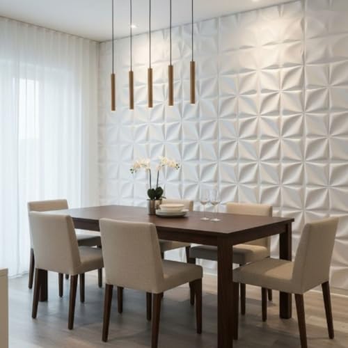Image of Kayra Decor 3D Wall Panel PVC Flower Design,White Color Size is 19.7 inch x 19.7 inch (Pack of 40) Covers 107.60 Sq Feet - D006-1 PVC Panel for Home Kitchen Living Room Gaming Room and Office Decor