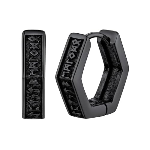 FaithHeart Norse Viking Runes Hoop Earrings for Men Hypoallergenic Stainless Steel Punk Huggie Hoop Earring Sturdy Norse Mythology Jewelry Gifts with Delicate Packaging C-Hexagon-Black