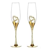 Wedding Champagne Glass Set Gold Toasting Flute Glasses Deluxe Pack of 2 with Rhinestone Rimmed Hearts Decoration for Wedding, Anniversary and Special Occasions