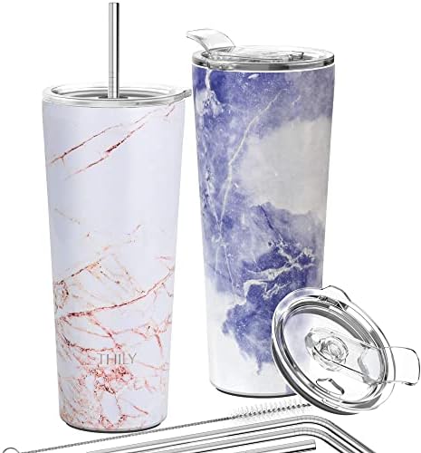 Tumbler Stainless Steel Travel Mug - THILY 780 ml Triple-Insulated Coffee Cup with 2 Lids and Straws, Reusable, Powder Coated, Splash-Proof, Keep Ice Drinks Cold, Lavender