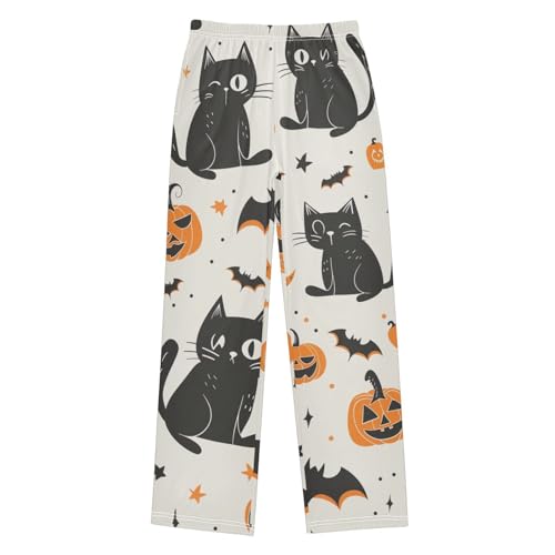 Halloween Cat Pumpkin Boys Long Pants Soft Trousers Elastic Waist Kids Lounge Bottoms with Pockets S-XL