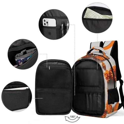 Heavy-Duty Backpack with Side Pockets, Orange Butterfly Moon Print Durable Backpack Ideal for Travel, And Outdoor Adventures3