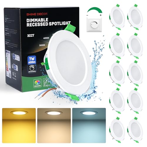 Shine Decor Spot encastré LED dimmable,230V 7W 600LM Spot de plafond LED,IP44 Lumières encastrées pour chambre à coucher salle de bain cuisine,3000K/4000K/6000K,Øφ67-80mm,Lot de 10