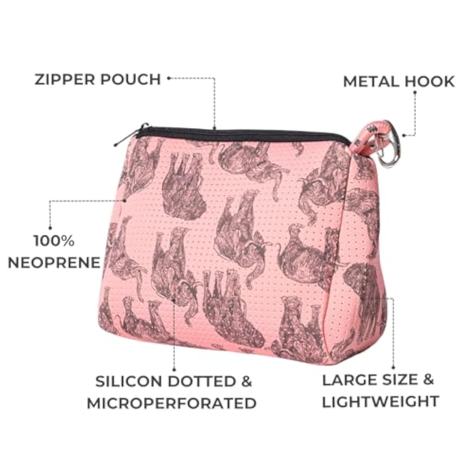 Large Waterproof Neoprene Makeup Bag with Zipper, Elephant Design