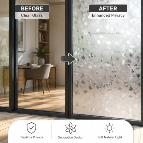 Image of Self Adhesive Window Privacy Film for Glass Windows & Doors | UV Blocking, Heat & Glare Reduction | Decorative Frosted Glass Film Easy to Apply (Frosted Silver Leaf Design, 12X26 Inch)