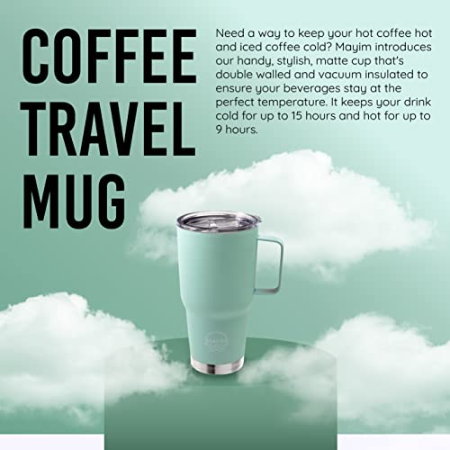 Mayim Large Travel Coffee Mug Tumbler With Clear Slide Lid And Handle, Reusable Vacuum Insulated Double-Wall Stainless-Steel Thermos, Fits In Cup Holder, 30Oz, Mint #TOP4