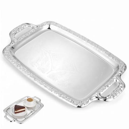 Image of Metal Serving Tray, Silver Large Rectangular Antique Serving Platter, European Retro Style Tray for Cookies, Charcuterie, Snacks, Desserts, Fruit, Party Food (39. 00x23. 00x1. 70cm)