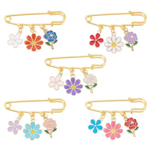 PH PandaHall Daisy Flower Safety Pin Brooches 5pcs Flower Brooch Pins Alloy Enamel Brooches Sweater Shawl Clips Decorative Safety Pins for Women Summer Clothing Shirts Dresses Decoration Accessories