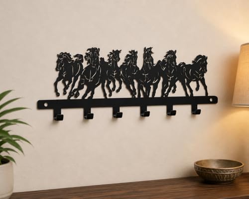 Image of Ventuos Metal Wall Mounted Key Holder with 6 Hooks, Seven Horse Design, Key Organizer for Home Office Bedroom Entryway
