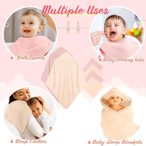 Image of Preboun 6 Pcs Muslin Hooded Baby Towels and Washcloths 32 inchx 32 inch Cotton Newborn Bath Towel Anti-Shrink Infant Baby Blankets with Hood 12 inchx 12 inch Washcloths for Girl Boy Toddler(Ivory,Pink)