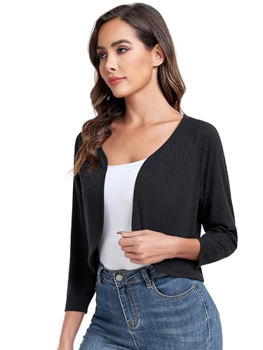 Women's Bolero Shrug Crop Cardigan Open Front Knit Sweater 3/4 Sleeve Tops3