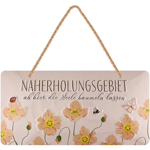 LANOLU retro Blechschild Naherholungsgebiet Gartenschild Metall mit Blumen witzige Garten Deko für draußen wetterfest Schild mit Jutelkordel zum Hängen 16x32 cm