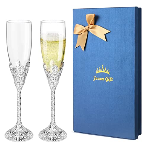 Jozen Gift Champagne Flutes - Set of 2 Champagne Glasses,Toasting Flute Pair,Crystal Glasses&Metal Base, Wedding Anniversary, Party Birthday Banquets,Gifts for Bride and Groom 6 oz-Silver