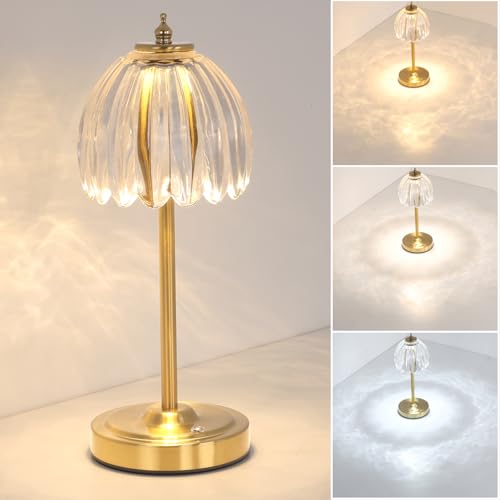 Image of Shenmoyl Tulip Table Lamp with 5000mAh Battery & Touch Control, Cordless Table Lamp with 3 Colors, Dimmable Rechargeable Table Lamps for Bedroom, Nightstand, Living Room, Entryways (Transparent Tulip)