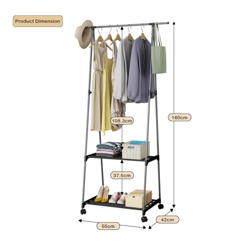 Image of Lukzer A-Shape MGR-010 /Grey Garment Rack with 2 Bottom Shelves | Multipurpose Coat Hanger & Clothes Organizer Stand | Space Saving Clothing Display for Bedroom, Entryway, Living Room (160x55x42cm)