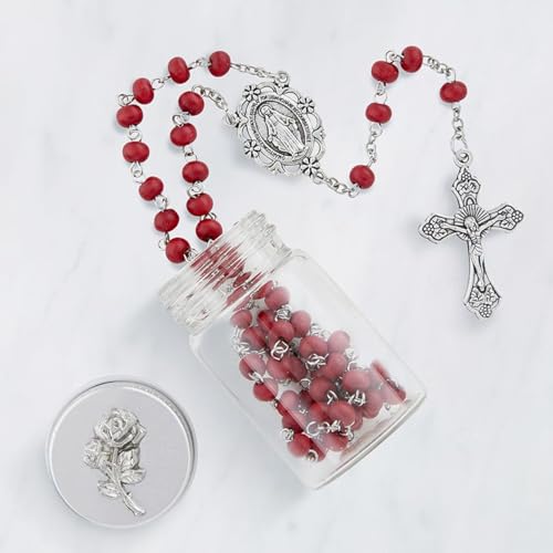 Catholic Rose Petal Red Rosary Necklace with Rose Bud Glass Bottle Rosary Case with Screw Top Silver Lid, onesize3