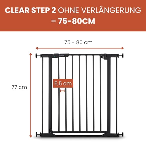 hauck Clear Step Autoclose 2, Schwarz - Kinderschutzgitter Hundegitter Verstellbare Breite 75-80cm, 77cm Hoch, Selbstschließend, Flacher Einstieg, Beidseitige Einhand Öffnung, ohne Bohren
