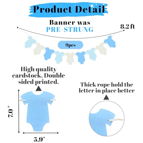 Image of ALISSAR 2 Pcs Pre-Strung Blue Gingham Bodysuit Baby Shower Banner - Baby Boy Shower Decorations-