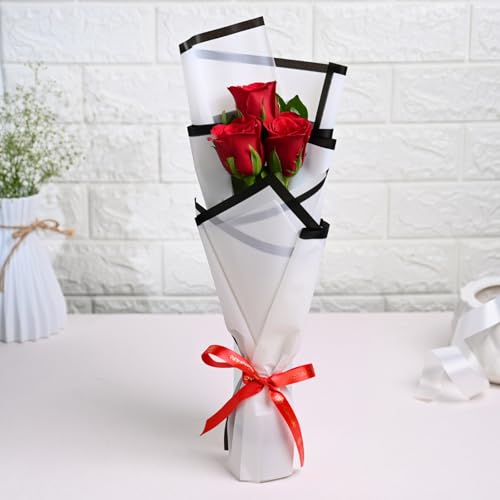Image of FlowerAura Premium Fresh Live Flower Bouquet of 3 Red Roses In Designer Paper Gift For Birthday | Anniversary | Love | Home Decor | Fathers Day Gift For Dad (Same Day Delivery)