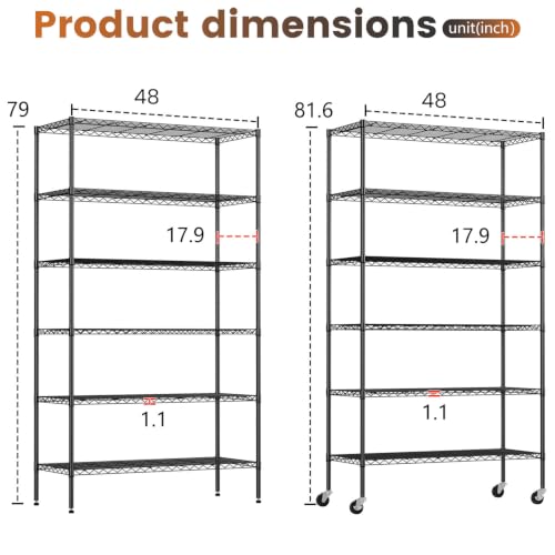 Image of BestOffice | 6-Tier Wire Shelf with Wheels | 48 inch x 18 inch x 81 inch | Black
