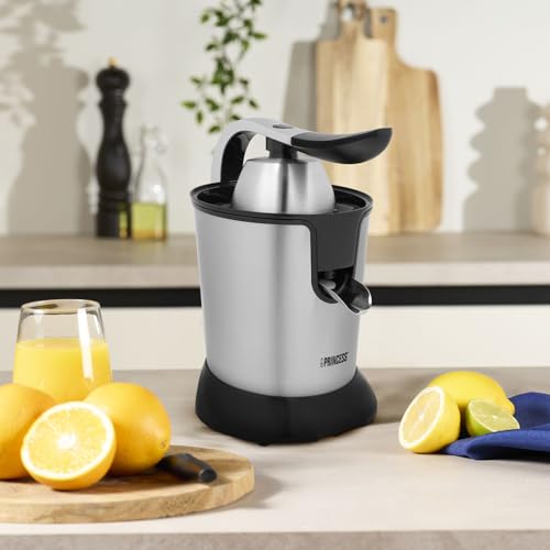 Princess Edelstahl-Zitruspresse, 1000W, 2 Presskegel, Einstellbarer Fruchtfleischfilter, Direktserviersystem, Anti-Tropf-Funktion, Spülmaschinenfeste Teile, Rutschfeste Füße, 201873