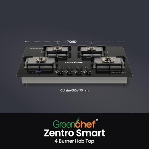 Image of Greenchef Zentro Smart Four burner Glass Hob Top| Digital timer| Featured with Flame failure| Black Color| High efficiency tornado Burners| Dual Purpose hob(Built In Or Counter top)