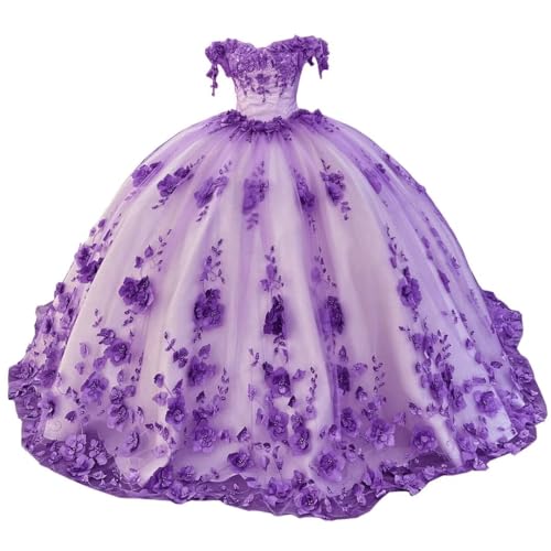 Mouccy Luxury 3D Floral Tulle Quinceanera Dresses Puffy Pearly Prom Dresses with Train Beaded Off Shoulder Sweet 16 Dresses