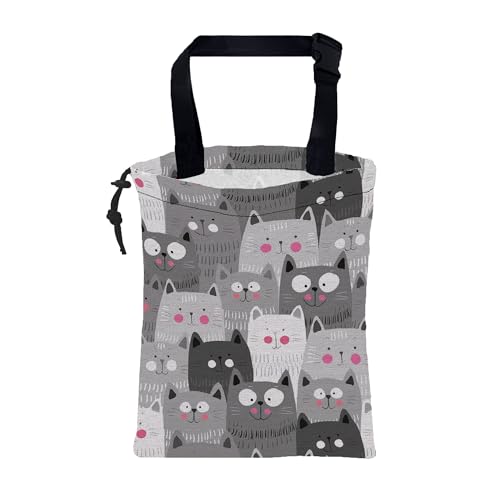 Image of Car Garbage Bag Cute Grey Cats Drawstring Car Trash Bag Hanging for Back Seat with Adjustable Buckle Canvas Vehicle Trash Can Easy-to-Install