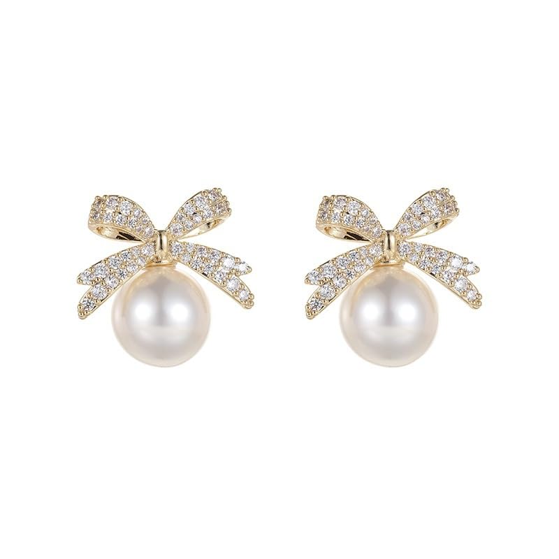 PLwelth Gold Bow Pearl Earrings for Women Sparkle Rhinestone Bow Stud Earrings Cute Bowknot Statement Wedding Earring Hypoallergenic Jewelry Gifts for Her Valentines Day Christmas Birthday