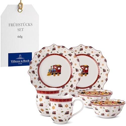 Villeroy & Boch - Toy's Delight Frühstücks-Set für 2 Lokomotive 6 teilig Bunt, Weihnachten, Geschirr Set mit Frühstückstellern, Tassen und Schüsseln, Weihnachtsgeschirr, Premium Porzellan