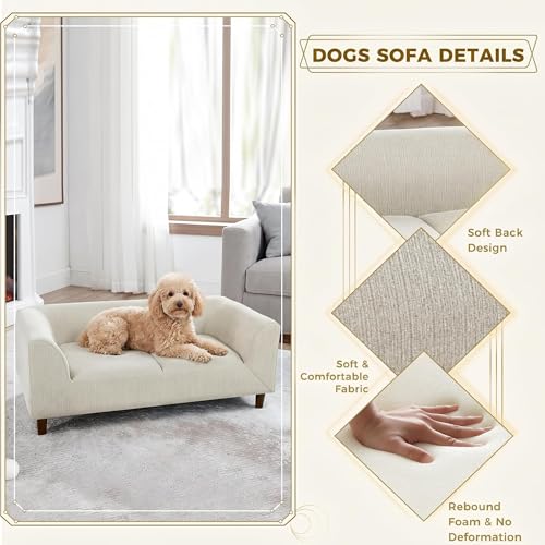 Image of Dog Sofa Couch for Medium Dogs, 39 inch Memory Foam Dog Sofa Bed, Modern Elevated Pet Couch Bed with Wooden Legs for Medium Dogs, Beige Grey