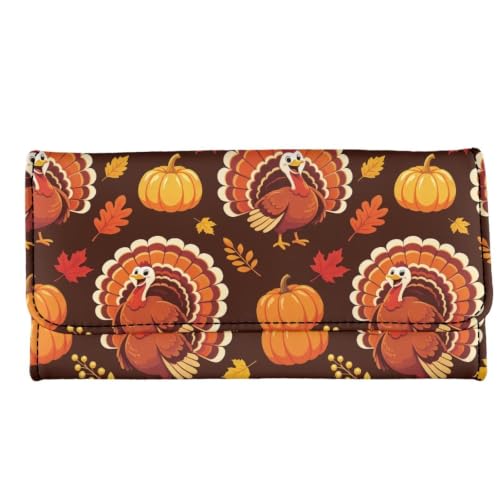 Image of AFPANQZ PU Leather Women's Wallet Long Spacious Trifold Design Card Slots | Turkey Pumpkin Print Soft Leather Trifold Large Capacity Ladies Travel Purse Dust Resistnt Wallet, Fall Decor