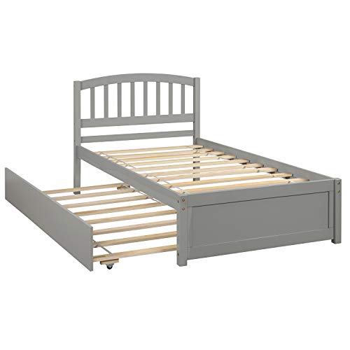 SOFTSEA Twin Platform Bed Frame with Trundle and Headboard, Wood Platform Bed with Trundle and Headboard,Twin Pull Out Trundle Bed Frame for Kids Teens