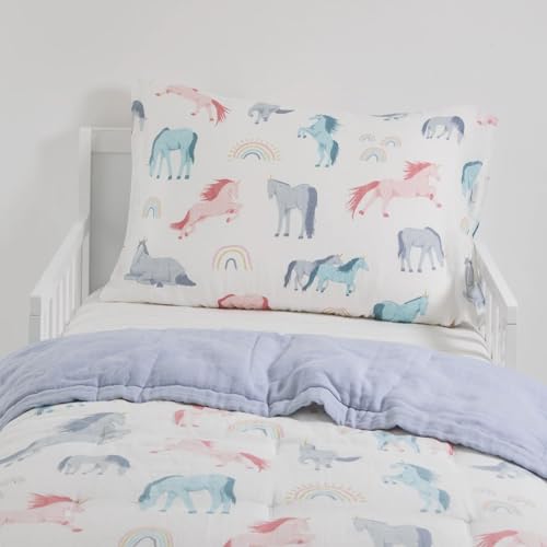 Image of Little Unicorn Toddler Bedding 3-Piece Set | Includes Comforter, Crib Sheet & Pillowcase | Soft & Breathable Muslin Fabric | for Convertible Cribs & Toddler Beds (Unicorns)