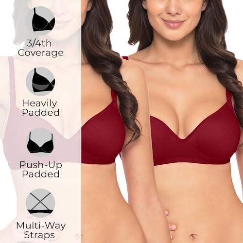 Image of Komli - Heavily Padded Push-Up Bra - Cotton Rich - Balconette - 3 /4th Coverage, Seamless, Wireless, Multiway Straps - T-Shirt Bra (Pack of 2)
