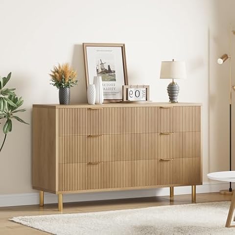IDEALHOUSE Natural 6 Drawer Dresser for Bedroom, 56” Wide Wood Dresser Organizer with Metal Legs, Modern Chest of Drawers for Bedroom, Hallway, Home Office Cover