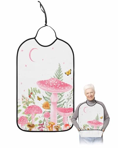 LEOKOTI Pink Mushroom Adult Bibs for Eating, Waterproof Bibs with Food Catcher & Adjustable Snap Closure, Pastoral Spring Summer Botanical Washable Clothing Protectors Adult Bibs for Elderly Women/Men
