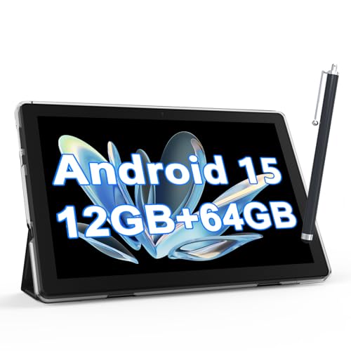 Image of NOVOJOY Tablet 10 Inch Android Tablets with Case and Stylus Android 15 Tablet with Cover 2MP+8MP Dual Camera 6000mAh Battery 12GB RAM(4GB+8GB Expansion) 64GB ROM 5Gwifi-6 10.1 inch Tablets (Black)