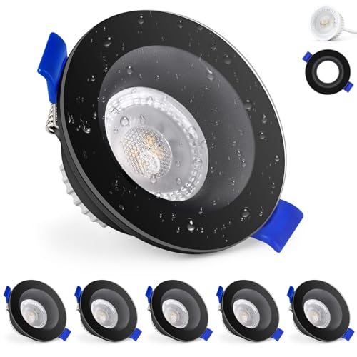 KYOTECH Spot LED Encastrable 230V 5W IP65, Spot Encastrable 68-75mm, Extra Plat Spot Salle de Bain Blanc Neutre 4000K, Spots de Plafond Pour Salle de Bain, Salon, Cuisine, Couloir, Rond Noir Lot de 6
