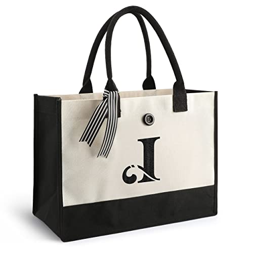 YOOFAN Initial Canvas Tote Bag - Personalized Monogrammed Gift Tote Bag for Wedding, Birthday, Beach, Holiday - Gift for Women, Mom, Teachers, Friends, Bridesmaids (I)