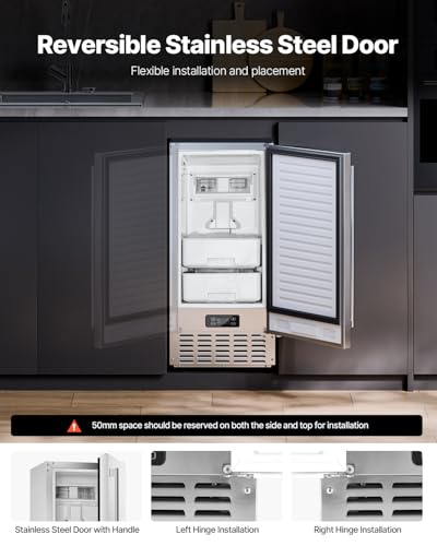 Image of VEVOR Under Counter Ice Maker, 66 Lbs /Day Under Counter Nugget Ice Makers Machine with Drain Pump, Reversible Door, 18 Lbs Storage, Stainless Steel Freestanding Ice Maker for Commercial Home Kitchen
