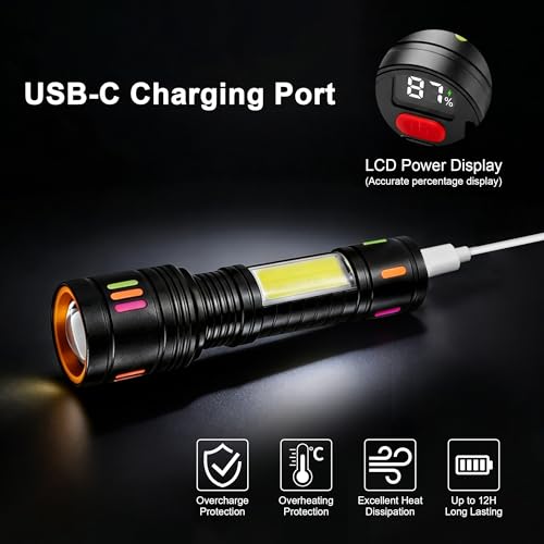 Jercoda Rechargeable Flashlight High Lumens,Aluminum Handheld Tactical Flashlight for Home & Outdoor,1000 Lumens Led Flashlight with COB Light & LCD Display,IPX4 Waterproof Flashlight Rechargeable — view 4