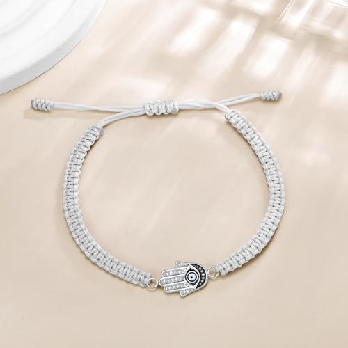 J.Endéar Hand of Fatima Bracelet for Women 925 Sterling Silver, Handmade Braided Lucky String Bracelet Grey Cord Adjustable, Hamsa Jewelry Protection Amulet Gift3