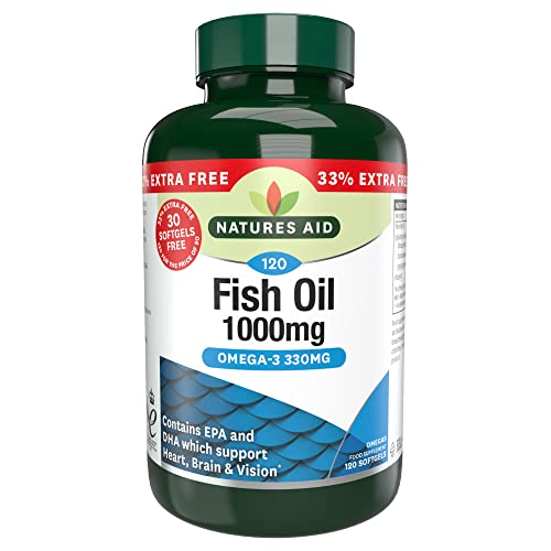 Natures Aid Fish Oil 1000mg High Strength Omega-3 Supplement with DHA & EPA Supports Heart Brain Vision Immune & Joint Health Non-GMO High Strength Natural Fish Oil 120 Softgel Capsules