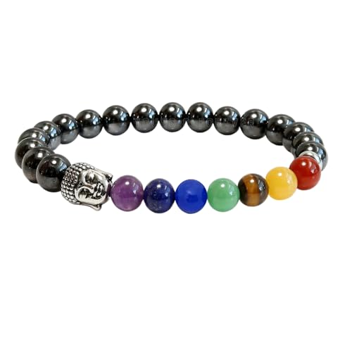 Image of Young & Forever 7 Chakra Healing Crystal Beads Bracelet for Men & Women - Natural Lava Rock & Onyx Stone Reiki Energy Yoga Meditation Bracelet with Hamsa Hand, Buddha, & Evil Eye Charms
