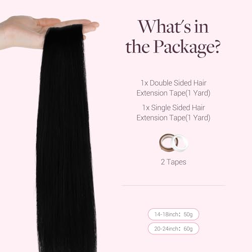 Image of GOO GOO Tape In Weft Hair Extensions Human Hair, Genius PU Long Weft Tape In Hair Extensions Real Human Hair, Silky Easy to Use, 1 Jet black 20 inch 60g