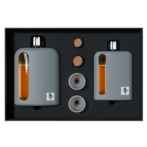 Ragproper Modern Glass Hip Flask for Men | Cork & Silicone Lid Liners | Firm Grip | Curved Edges | Durable Silicone Covered Flask for Whiskey | Liquor | Sprits | 100ml Single+ 240ml Double | Gray